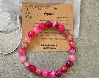 PINK STRIPED AGATE Bracelet Stretch Fit Handmade With Gift Bag & Card Crystal Gemstone 8mm