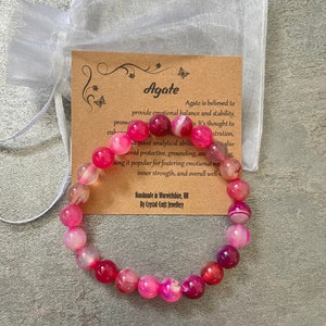 Bracciale elastico in agata rosa a strisce, fatto a mano con sacchetto regalo e biglietto, pietra preziosa di cristallo da 8 mm