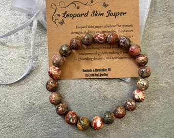 LEOPARDEN HAUT JASPI Armband Stretch Fit Handmade mit Geschenk Tasche & Karte Kristall Edelstein 8 mm