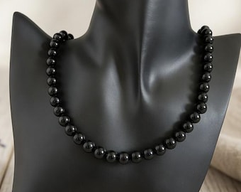 BLACK TOURMALINE Natural Crystal Gemstone Beaded Bracelet - Stainless Steel - 8mm Beads - 18" Length + Extender - Handmade