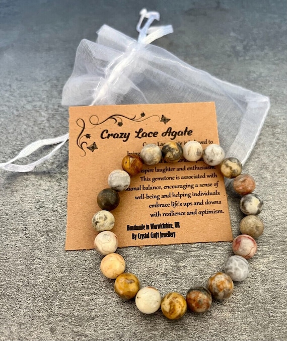 CRAZY LACE AGATE Bracelet Stretch Fit Handmade With Gift Bag & Card Crystal Gemstone 8mm