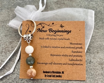 Crystal Gemstone Keyring NEW BEGINNINGS Moonstone Labradorite Sunstone + Gift Bag + Card
