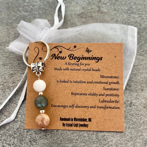 Crystal Gemstone Keyring NEW BEGINNINGS Moonstone Labradorite Sunstone + Gift Bag + Card