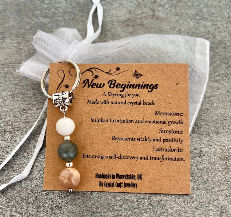 Crystal Gemstone Keyring NEW BEGINNINGS Moonstone Labradorite Sunstone Gift Bag Card image 1