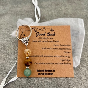 Porte-clés en cristal GOOD LUCK, citrine oeil de tigre, aventurine verte + pochette cadeau + carte