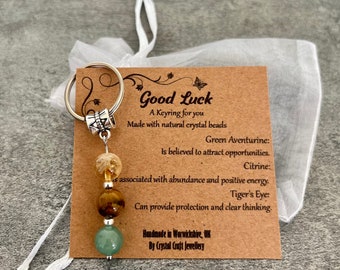 Crystal Gemstone Keyring GOOD LUCK Citrine Tiger&#39;s Eye Green Aventurine + Gift Bag + Card