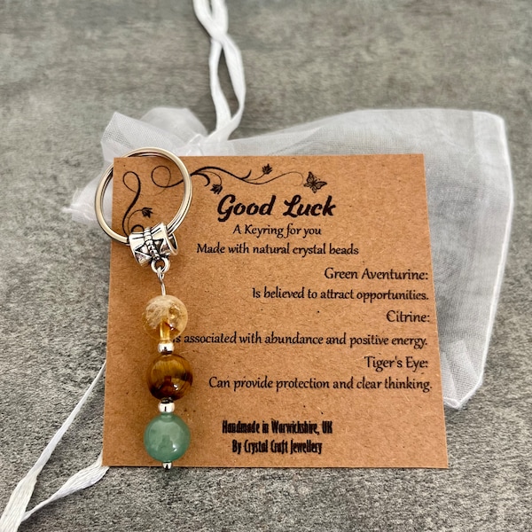 Crystal Gemstone Keyring GOOD LUCK Citrine Tiger's Eye Green Aventurine + Gift Bag + Card