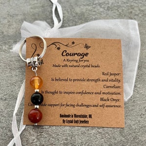 Crystal Gemstone Keyring COURAGE Carnelian Black Onyx Red Jasper + Gift Bag + Card