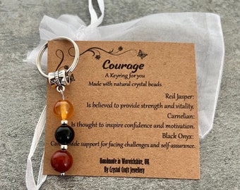 Crystal Gemstone Keyring COURAGE Carnelian Black Onyx Red Jasper + Gift Bag + Card