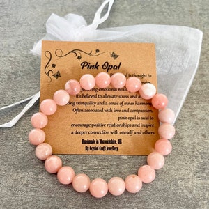 Braccialetto OPALE ROSA Elasticizzato Fatto a mano con Sacchetto regalo e biglietto Cristallo Pietra preziosa 8 mm