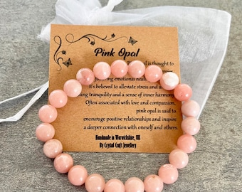 PINK OPAL Bracelet Stretch Fit Handmade With Gift Bag & Card Crystal Gemstone 8mm