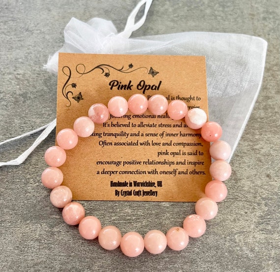 PINK OPAL Bracelet Stretch Fit Handmade With Gift Bag & Card Crystal Gemstone 8mm