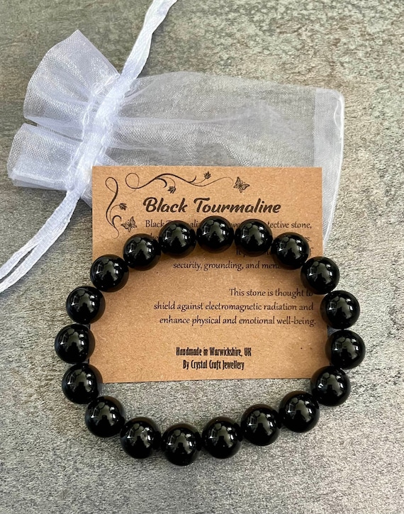 BLACK TOURMALINE Bracelet Stretch Fit Handmade With Gift Bag & Card Crystal Gemstone 10mm