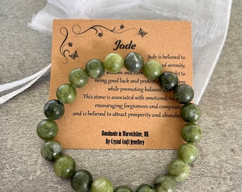 Pulsera de JADE elástica hecha a mano con bolsa de regalo y tarjeta con piedras preciosas de cristal de 8 mm