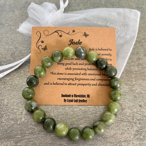 JADE Bracelet Stretch Fit Handmade With Gift Bag & Card Crystal Gemstone 8mm