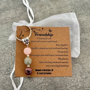 Portachiavi con pietra preziosa di cristallo AMICIZIA Quarzo rosa Amazzonite Rodonite + Sacchetto regalo + Biglietto