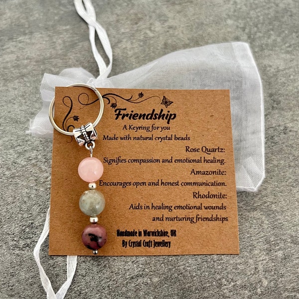 Crystal Gemstone Keyring FRIENDSHIP Rose Quartz Amazonite Rhodonite + Gift Bag + Card
