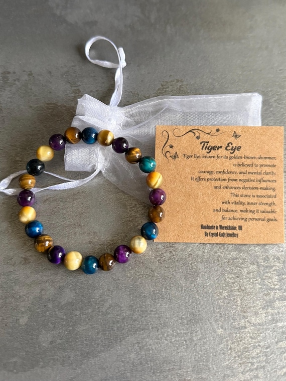 MULTICOLOURED TIGER'S EYE Bracelet Stretch Fit Handmade With Gift Bag & Card Crystal Gemstone 8mm