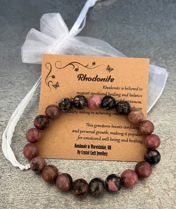 RHODONITE Bracelet Stretch Fit Handmade With Gift Bag & Card Crystal Gemstone 8mm