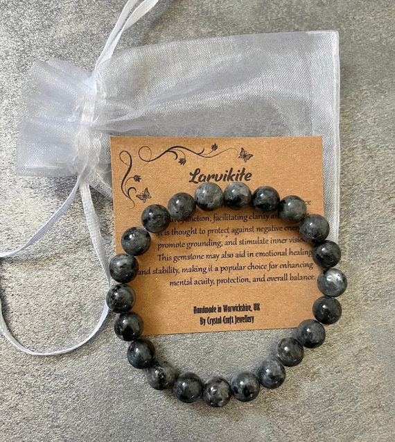 LARVIKITE Bracelet Stretch Fit Handmade With Gift Bag & Card Crystal Gemstone 8mm
