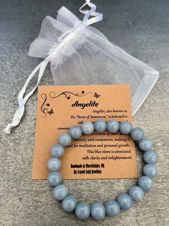 ANGELITE Bracelet Stretch Fit Handmade With Gift Bag & Card Crystal Gemstone 8mm