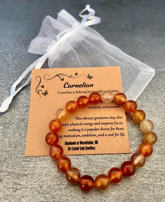 CARNELIAN Bracelet Stretch Fit Handmade With Gift Bag & Card Crystal Gemstone 8mm