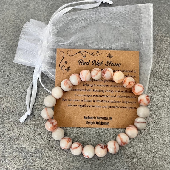 RED NET STONE Bracelet Stretch Fit Handmade With Gift Bag & Card