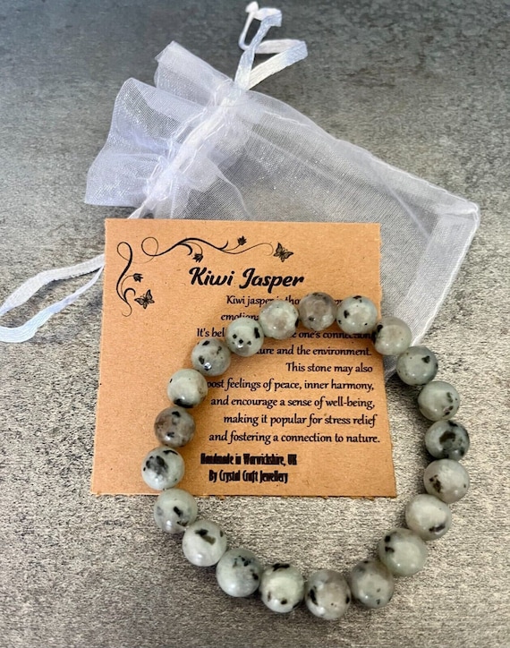 KIWI JASPER Bracelet Stretch Fit Handmade With Gift Bag & Card Crystal Gemstone 8mm