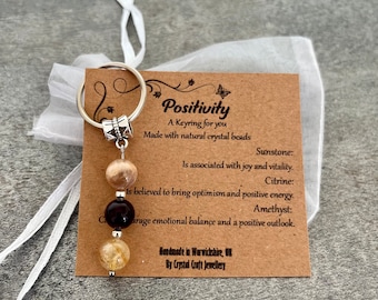 Chaveiro de pedra preciosa de cristal POSITIVIDADE Citrino Sunstone Ametista + Bolsa para presente + Cartão