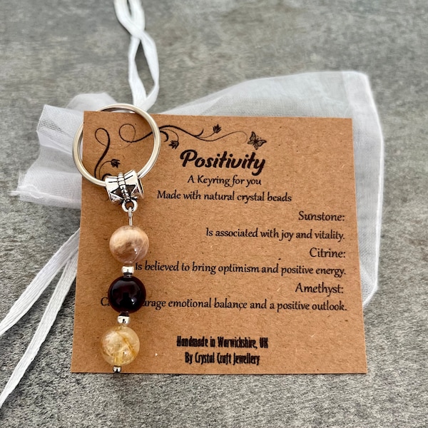 Crystal Gemstone Keyring POSITIVITY Citrine Sunstone Amethyst + Gift Bag + Card