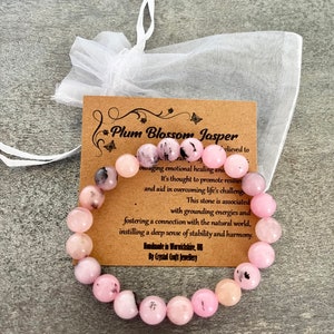 PRUIM BLOESEM JASPIEREN armband stretch fit handgemaakt met cadeauzakje en kaart Kristallen edelsteen 8 mm