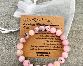 PLUM BLOSSOM JASPER Armband Stretch Fit Handmade mit Geschenk Tasche & Karte Kristall Edelstein 8 mm