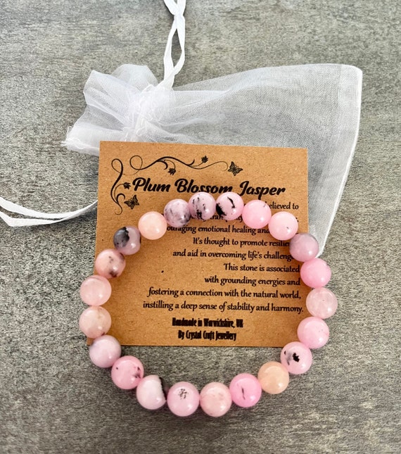 PLUM BLOSSOM JASPER Bracelet Stretch Fit Handmade With Gift Bag & Card Crystal Gemstone 8mm