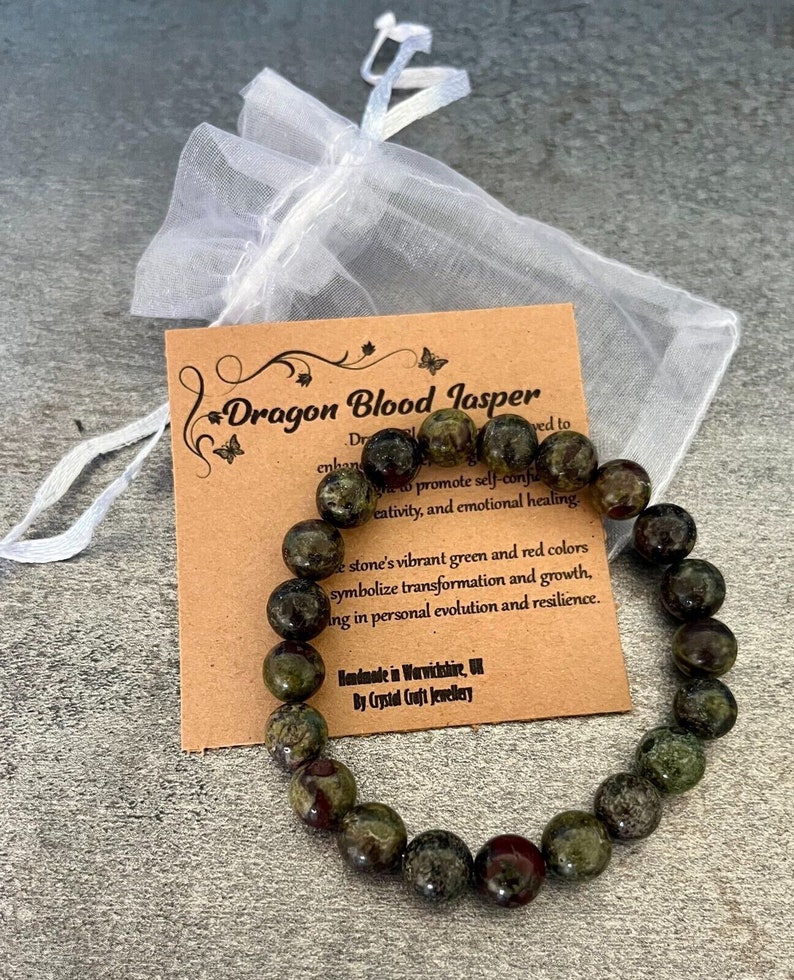 Bransoletka DRAGON BLOOD JASPER Stretch Fit wykonana ręcznie z torebką prezentową i kartką Kryształowy kamień szlachetny 8 mm zdjęcie 1