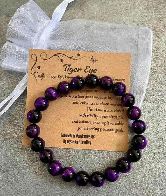 PURPLE TIGER'S EYE Bracelet Stretch Fit Handmade With Gift Bag & Card Crystal Gemstone 8mm