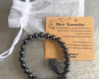 BLACK TOURMALINE Gift SET Bracelet + Raw Piece Stretch Fit Handmade With Gift Bag & Card Crystal Gemstone 8mm