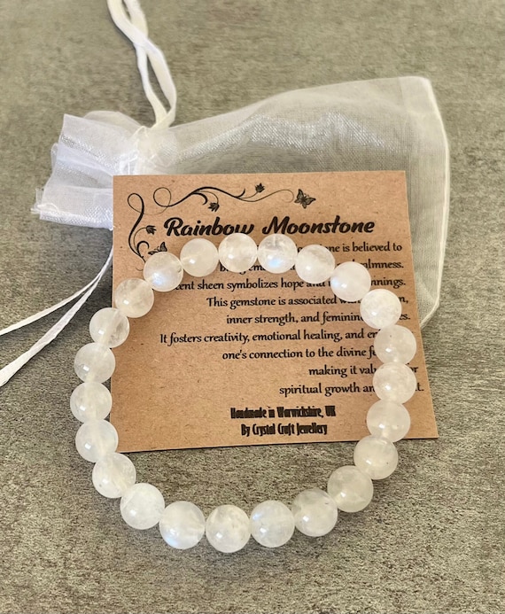 RAINBOW MOONSTONE Bracelet Stretch Fit Handmade With Gift Bag & Card Crystal Gemstone 8mm