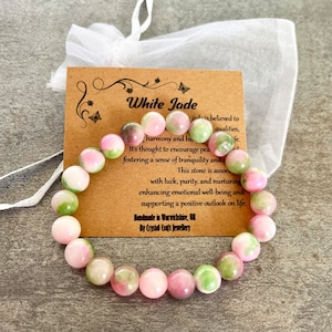 WHITE JADE Armband Stretch Fit Handmade mit Geschenk Tasche & Karte Kristall Edelstein 8 mm