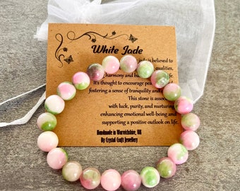 WHITE JADE Armband Stretch Fit Handmade mit Geschenk Tasche & Karte Kristall Edelstein 8 mm