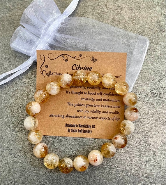 CITRINE Bracelet Stretch Fit Handmade With Gift Bag & Card Crystal Gemstone 10mm