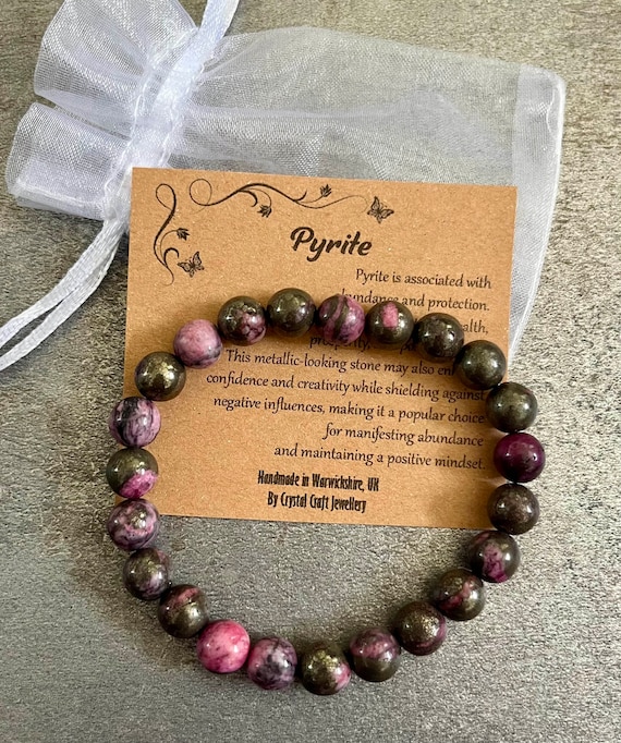 PINK PYRITE Bracelet Stretch Fit Handmade With Gift Bag & Card Crystal Gemstone 8mm