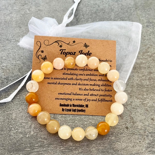 TOPAZ JADE Bracelet Stretch Fit Handmade With Gift Bag & Card Crystal Gemstone 8mm