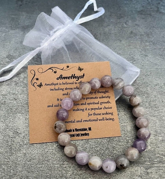 AMETHYST Bracelet Stretch Fit Handmade With Gift Bag & Card Crystal Gemstone 8mm