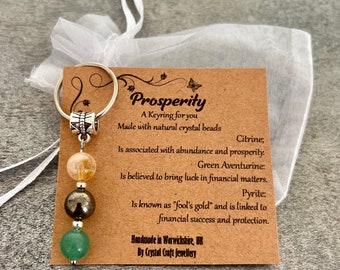 Crystal Gemstone Keyring PROSPERITY Citrine Green Aventurine Pyrite + Gift Bag + Card