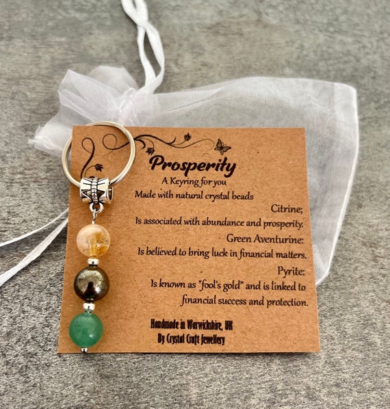 Crystal Gemstone Keyring PROSPERITY Citrine Green Aventurine Pyrite + Gift Bag + Card