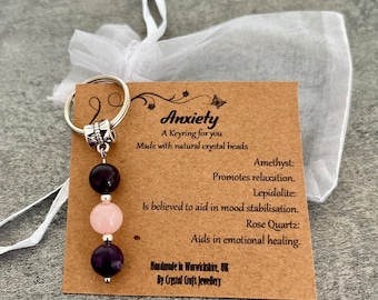 Chaveiro com pedras preciosas de cristal ANSIEDADE Ametista Lepidolita Quartzo Rosa + Bolsa para Presente + Cartão