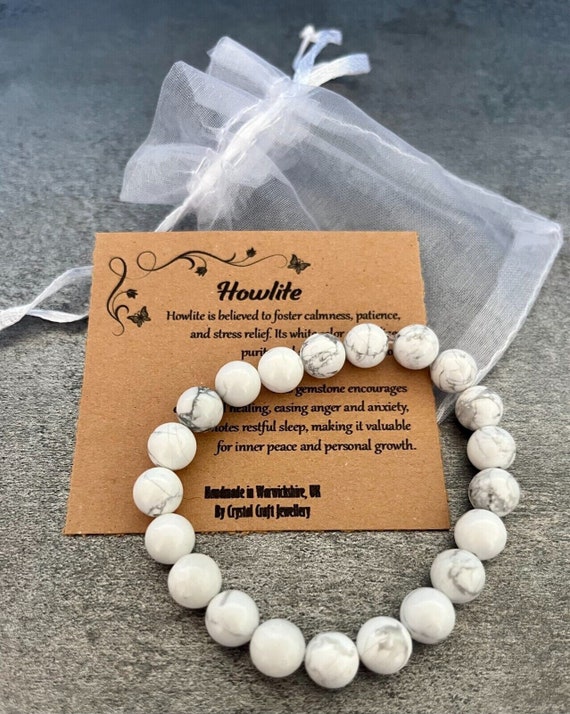 HOWLITE Bracelet Stretch Fit Handmade With Gift Bag & Card Crystal Gemstone 8mm