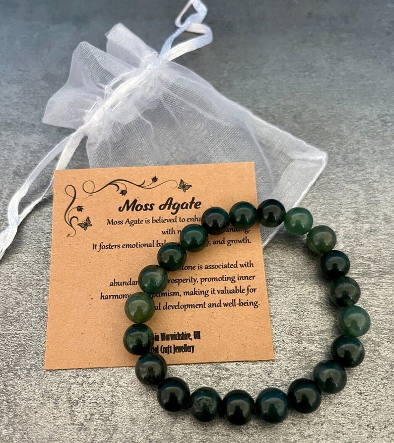 MOSS AGATE Bracelet Stretch Fit Handmade With Gift Bag & Card Crystal Gemstone 8mm image 1