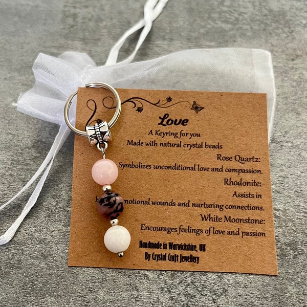 Crystal Gemstone Keyring LOVE Rose Quartz Rhodonite White Moonstone + Gift Bag + Card