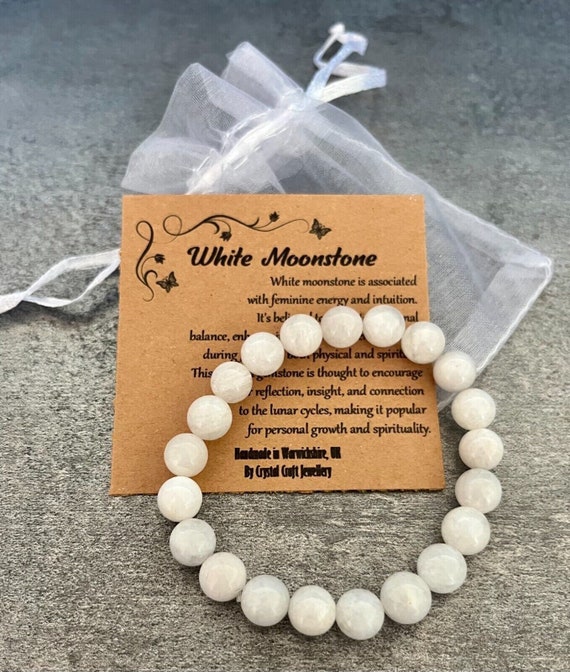 WHITE MOONSTONE Bracelet Stretch Fit Handmade With Gift Bag & Card Crystal Gemstone 8mm